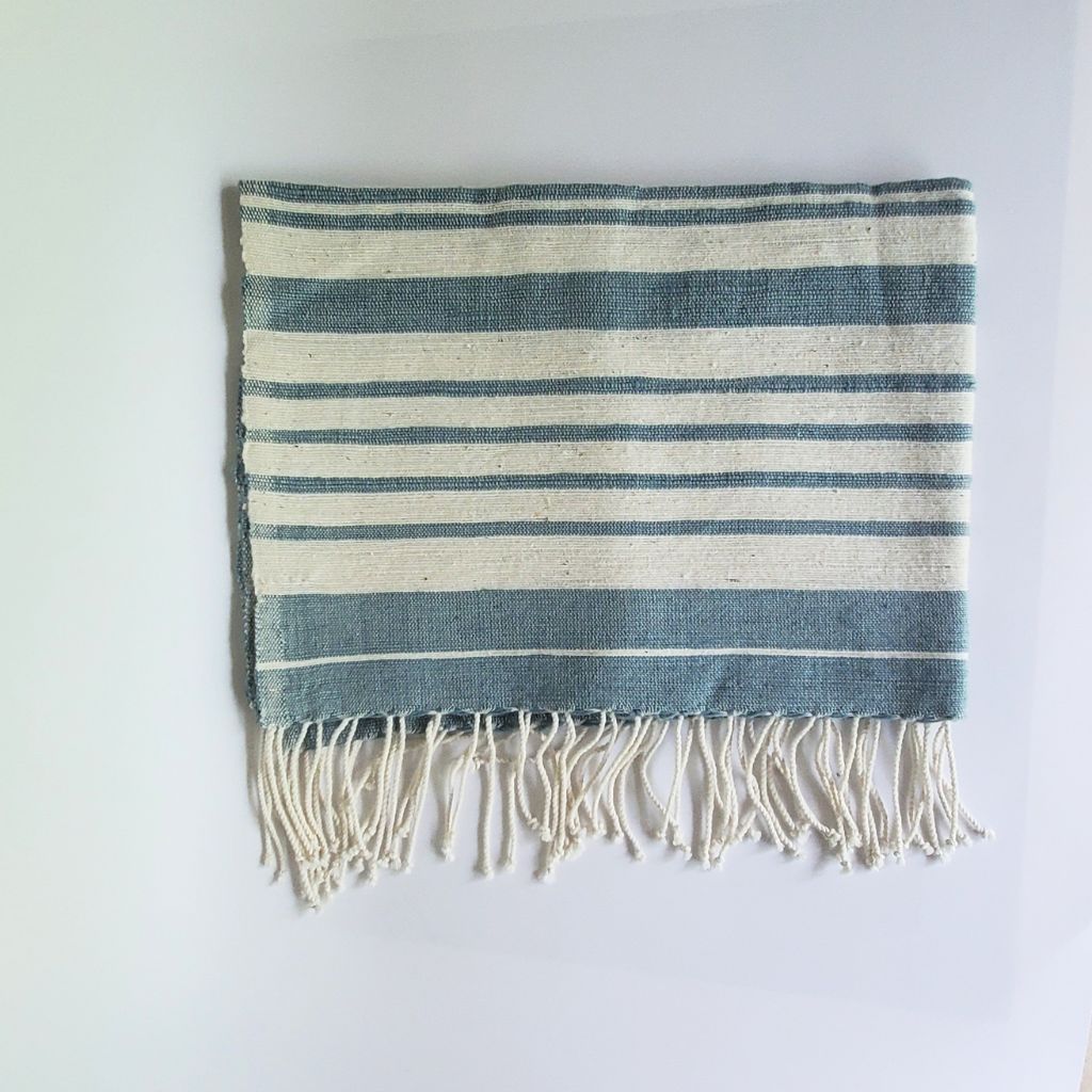 kitchen hand towel blue and white cotton with tassels