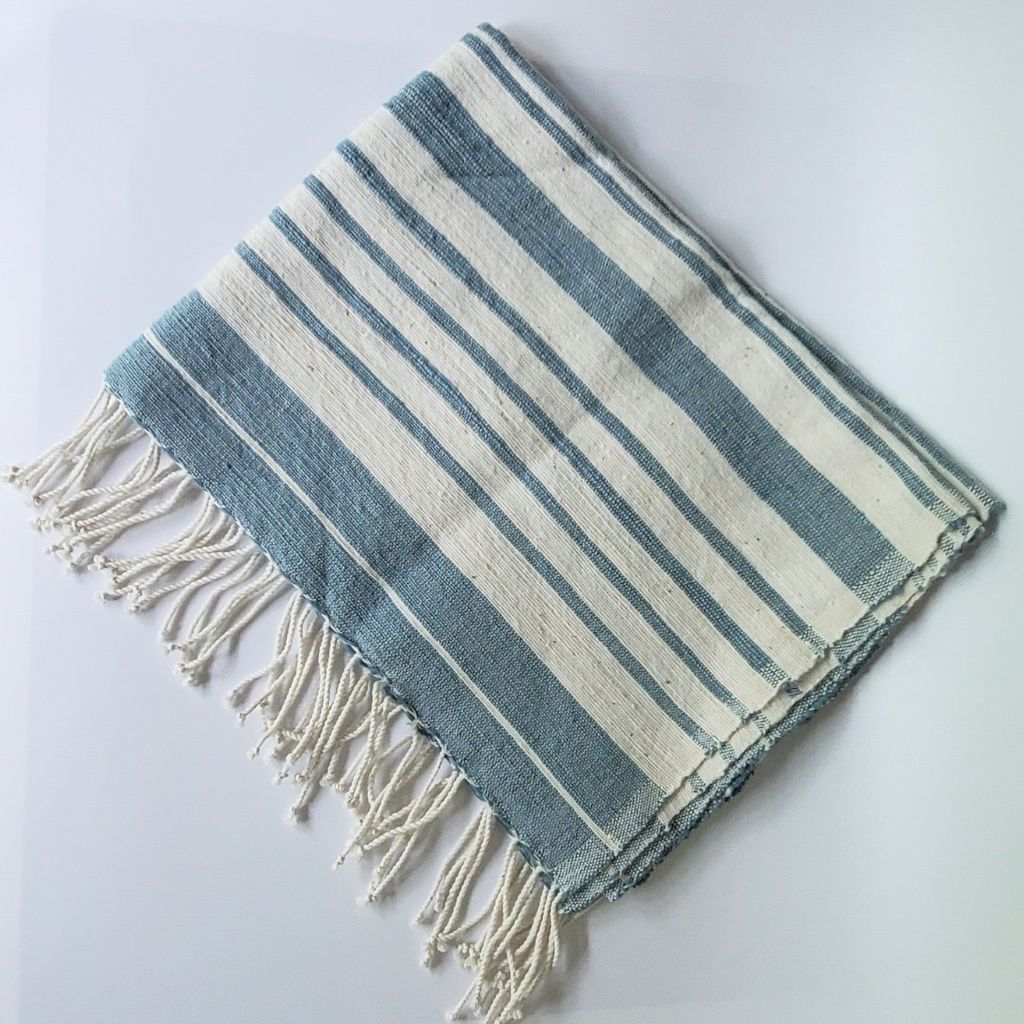 blue and white hand towel hand-spun cotton with tassels