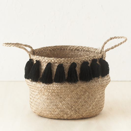 Black Tasseled Storage Basket | 12"