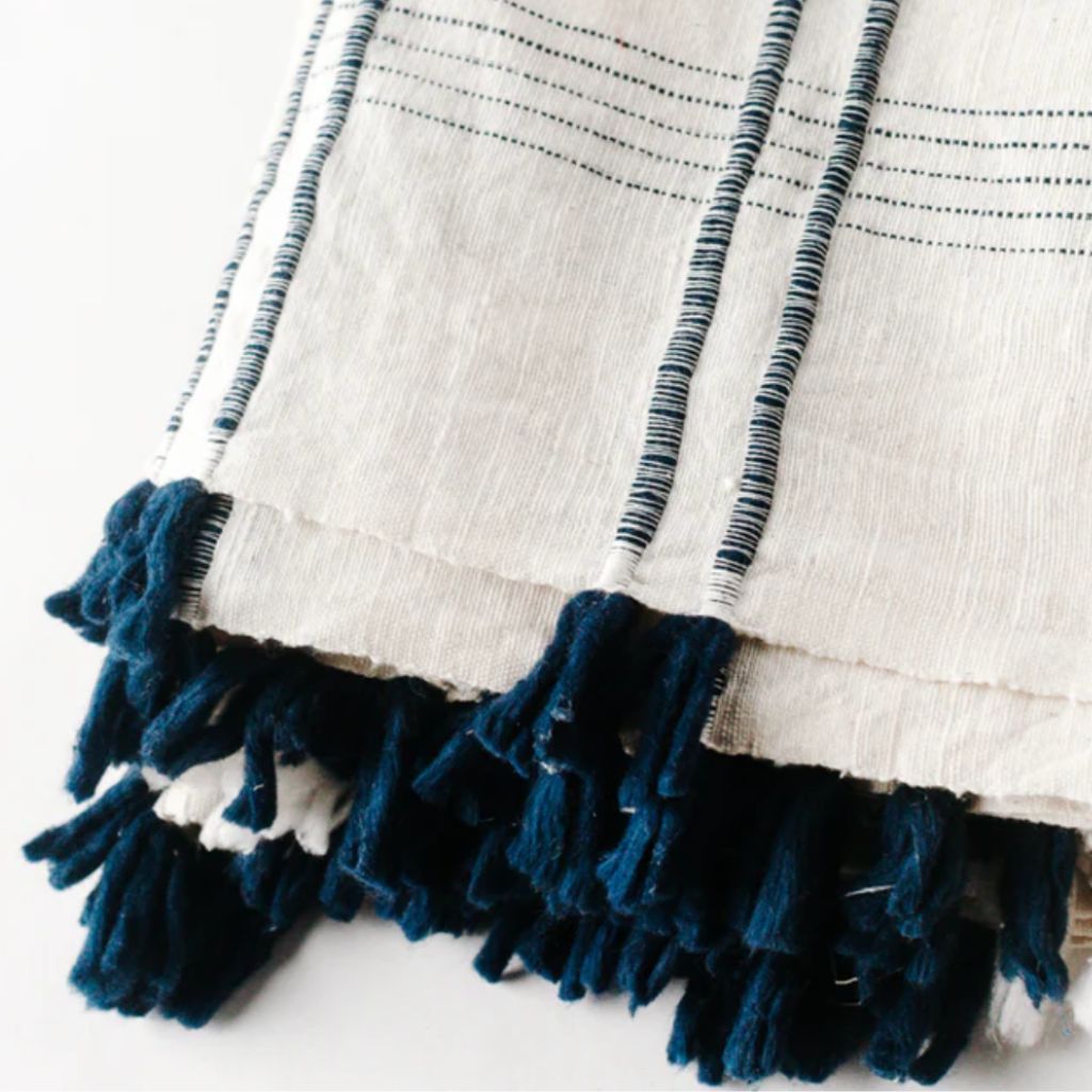 Cotton Table Runner With Tassels | White & Blue