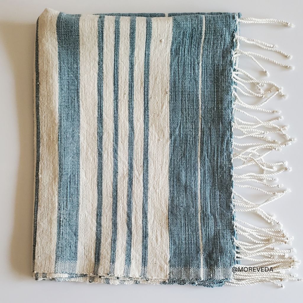 cotton hand towel handwoven white blue with fringe