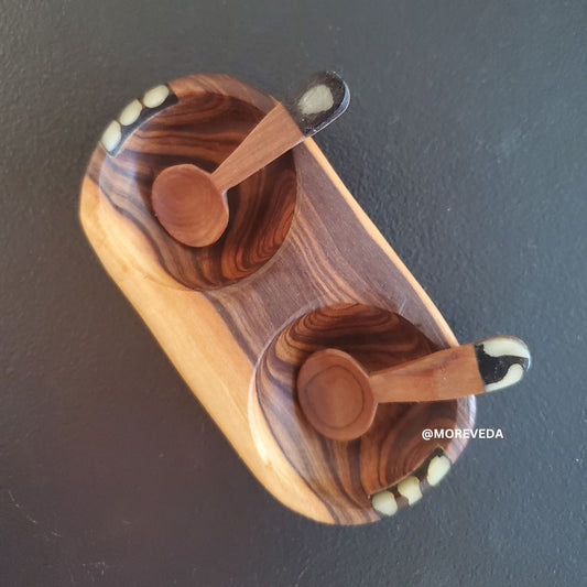 Olive Wood Condiment Spice Bowl With Spoons