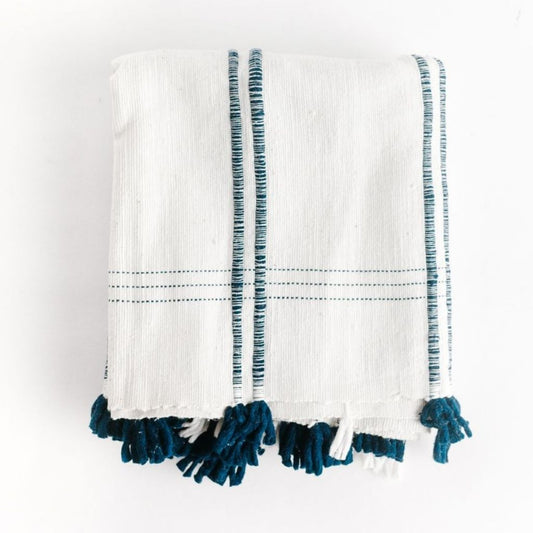 Cotton Table Runner With Tassels | White & Blue