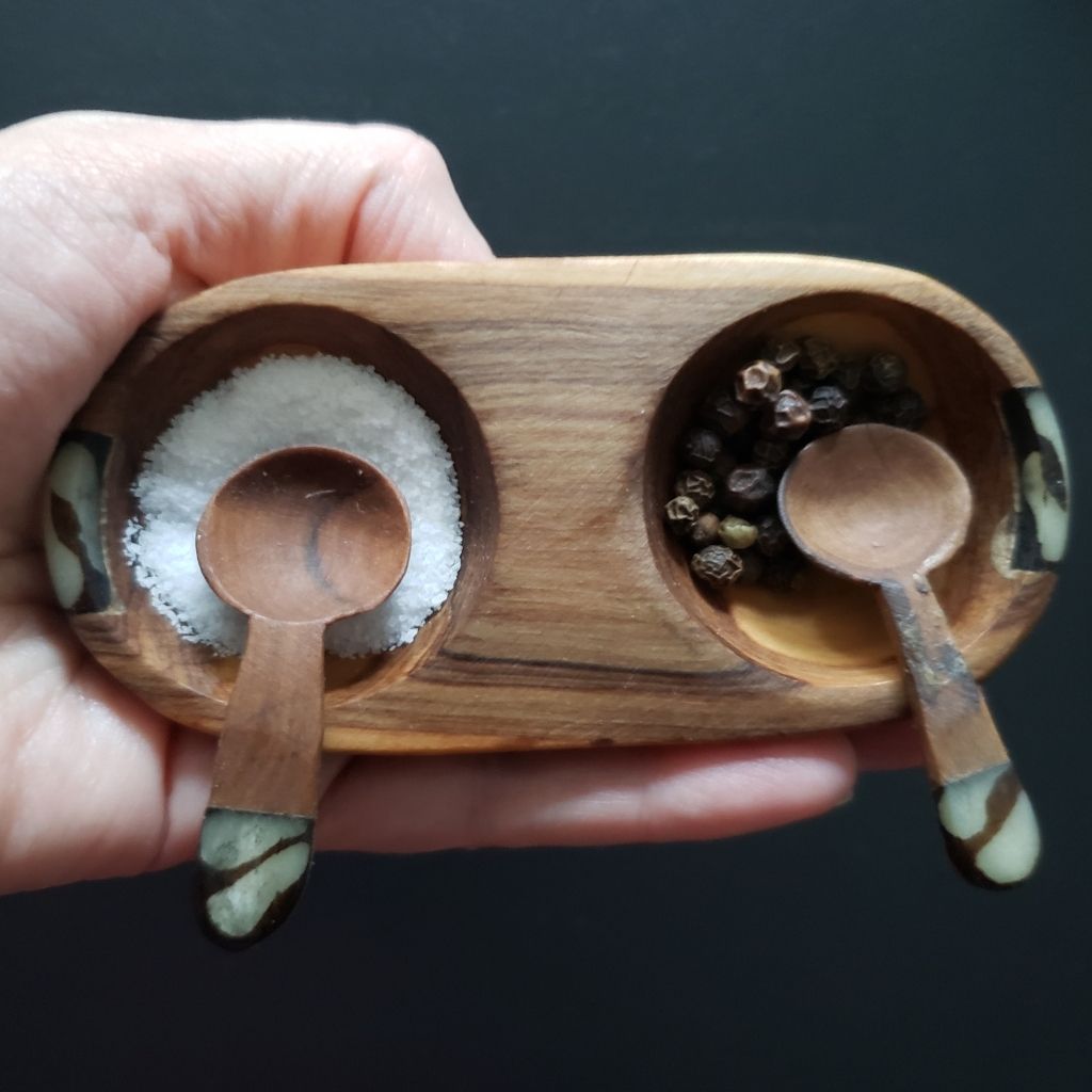 Olive Wood Condiment Spice Bowl With Spoons